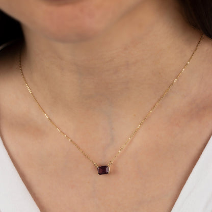 Amethyst Necklace 14K Solid Gold - February Birthstone Rectangle, Double Link Chain, Perfect Mother's Day Gift