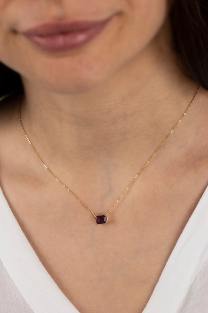 Amethyst Necklace 14K Solid Gold - February Birthstone Rectangle, Double Link Chain, Perfect Mother's Day Gift