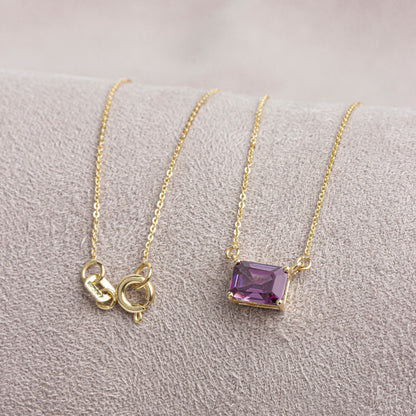 Amethyst Necklace 14K Solid Gold - February Birthstone Rectangle, Double Link Chain, Perfect Mother's Day Gift