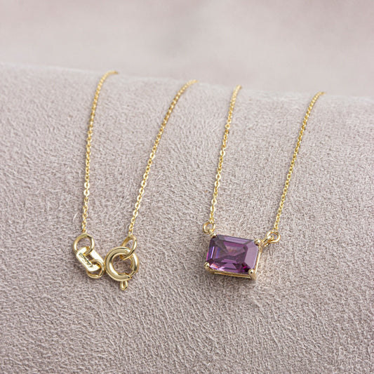 Amethyst Necklace 14K Solid Gold - February Birthstone Rectangle, Double Link Chain, Perfect Mother's Day Gift