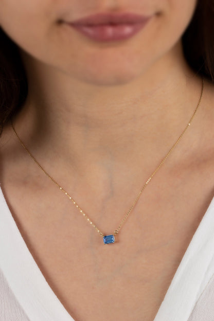 Horizontal Rectangle Blue Topaz Necklace 14K Solid Gold, Birthstone Rectangle Double Link Necklace, Perfect Gift for Mother's Day - Wife