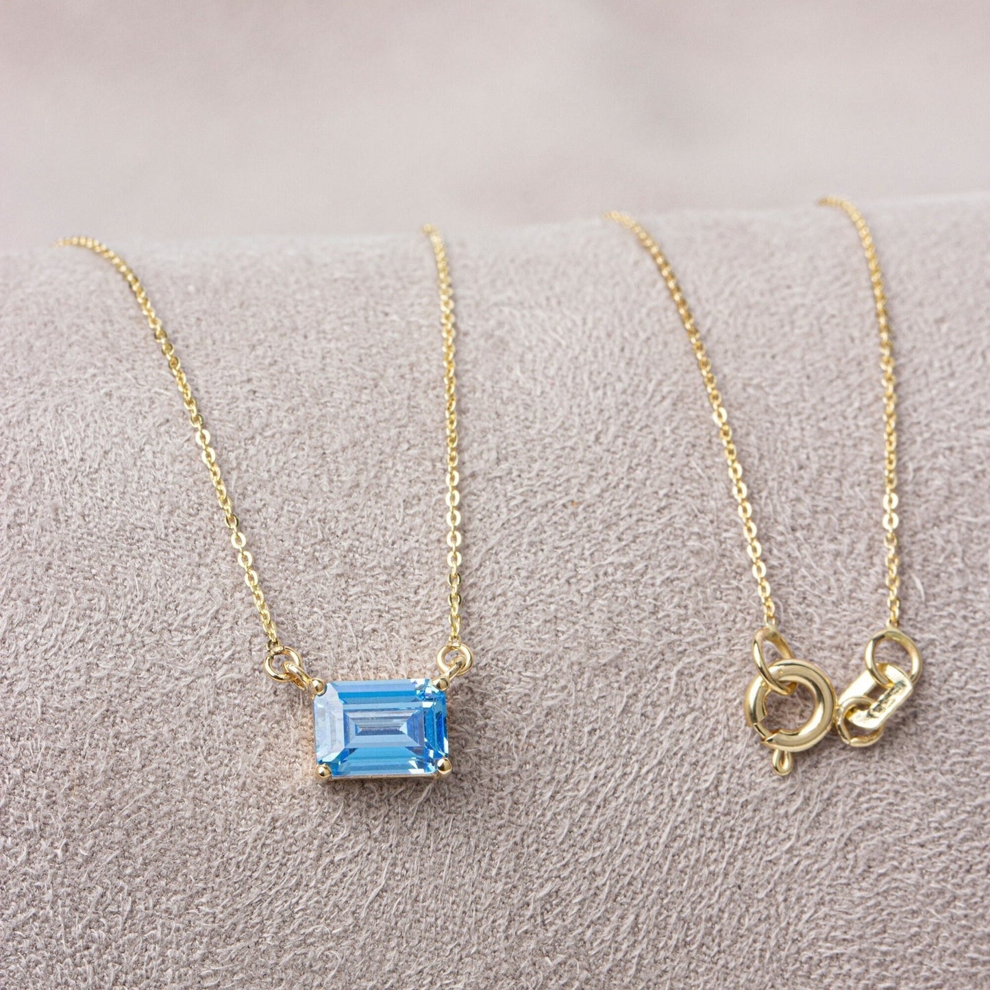 Horizontal Rectangle Blue Topaz Necklace 14K Solid Gold, Birthstone Rectangle Double Link Necklace, Perfect Gift for Mother's Day - Wife