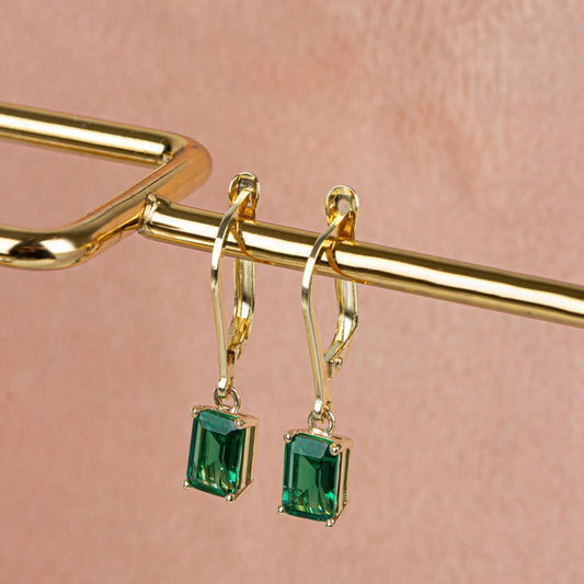 Dangle Rectangle Emerald Earring, 14K Solid Gold Birthstone Emerald Earring, Perfect Gift for Mother's Day - Girlfriend - Wife