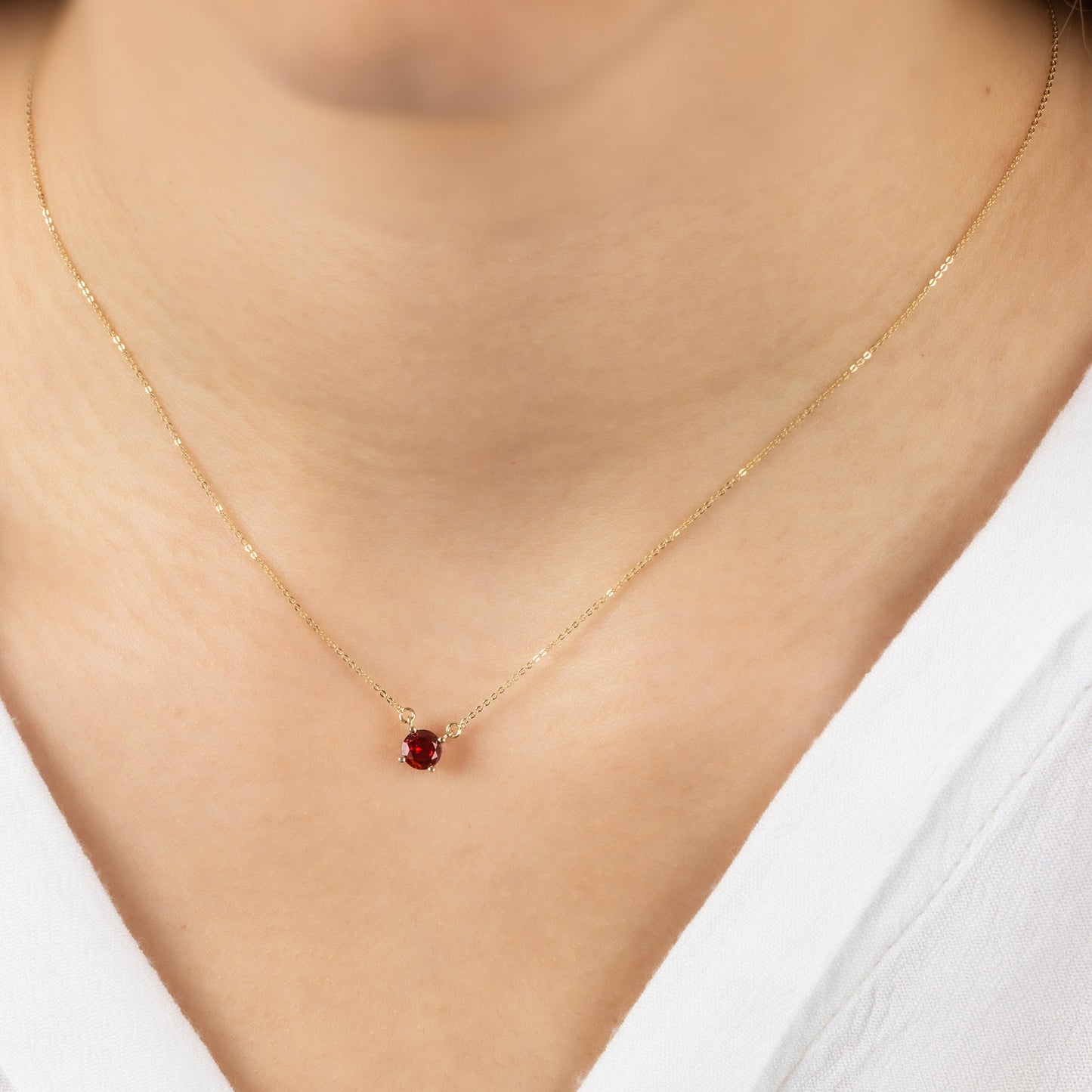 Double Hoop Garnet Necklace 14K Solid Gold, Round January Minimalist Jewelry, Perfect Gift for Mother's Day - Girlfriend - Wife