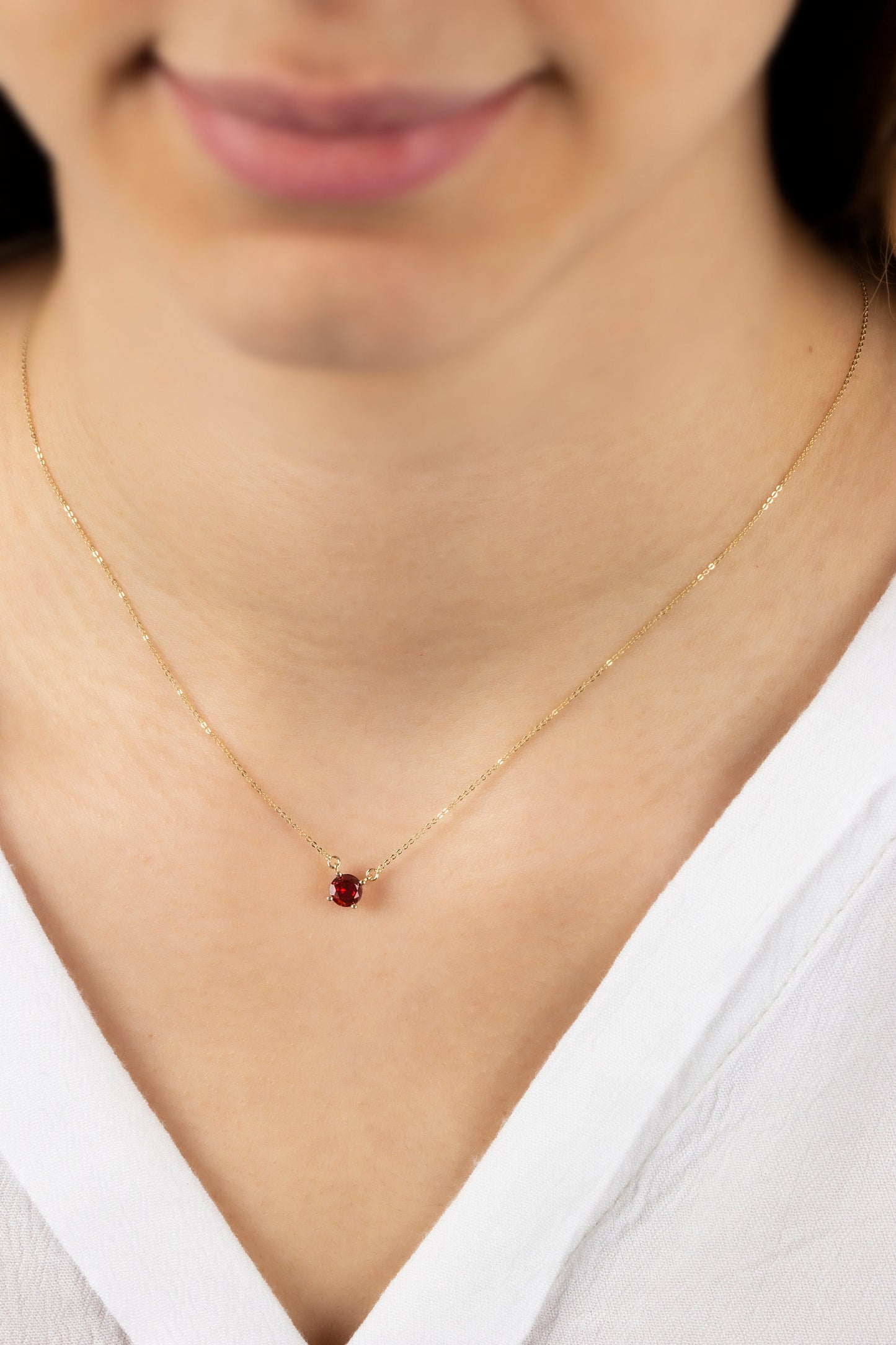 Double Hoop Garnet Necklace 14K Solid Gold, Round January Minimalist Jewelry, Perfect Gift for Mother's Day - Girlfriend - Wife