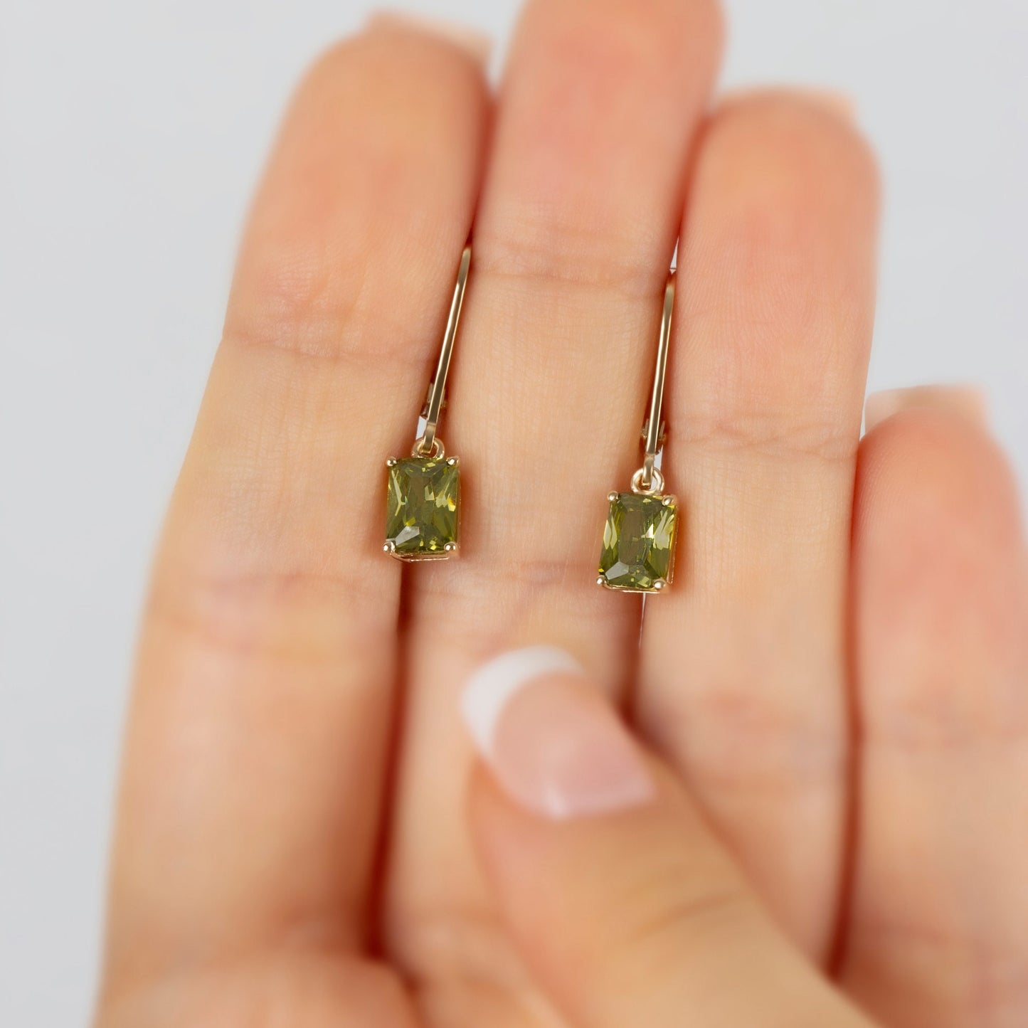 Dangle Rectangle Peridot Earring, 14K Solid Gold, Birthstone Gift Earrings, Perfect Gift for Mother's Day - Girlfriend - Wife