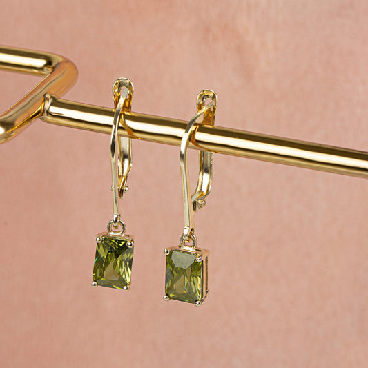 Dangle Rectangle Peridot Earring, 14K Solid Gold, Birthstone Gift Earrings, Perfect Gift for Mother's Day - Girlfriend - Wife