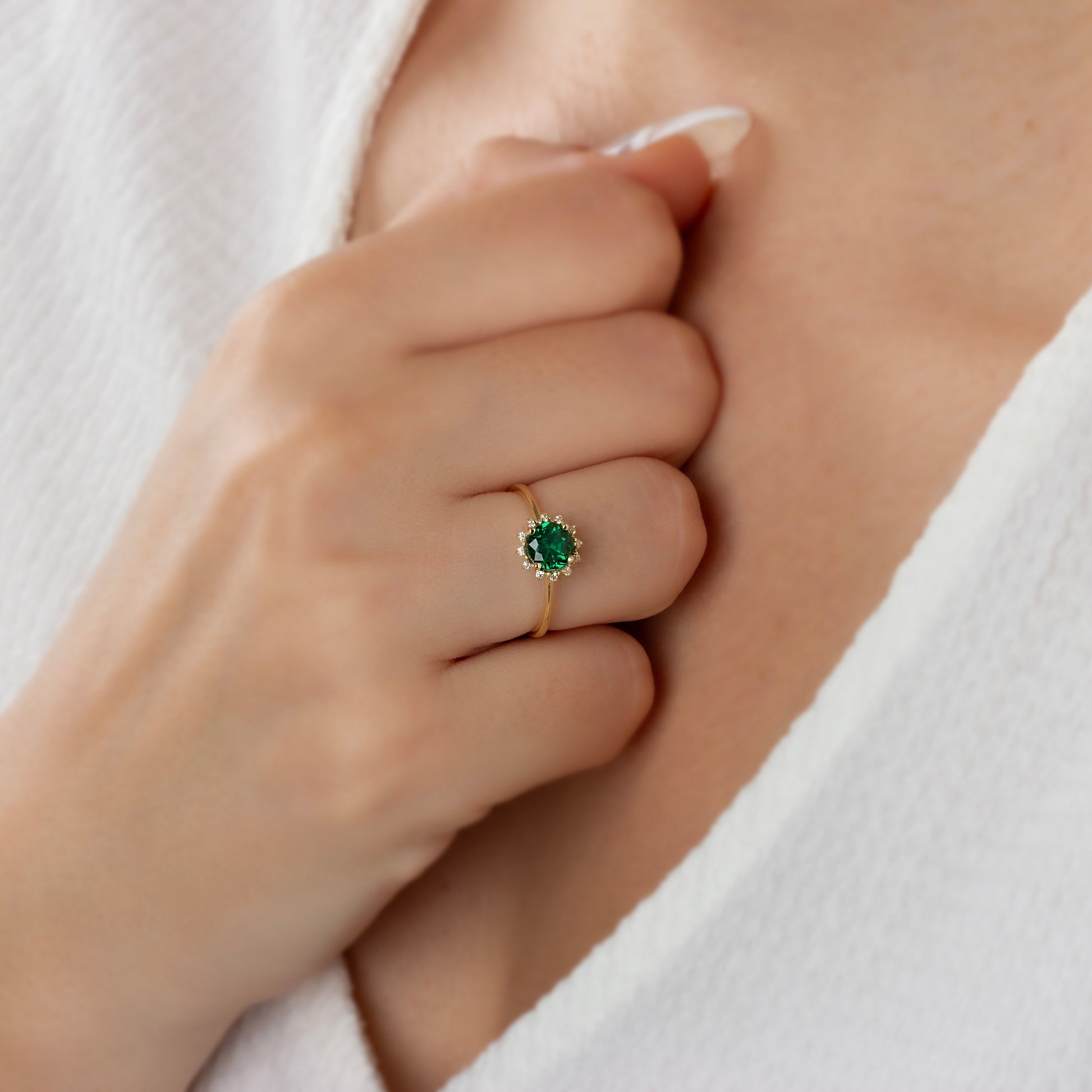 Real Diamond Round Emerald Ring 14K Solid Gold, Birthstone Ring With Diamonds Around, Perfect Gift for Mother's Day - Girlfriend - Wife