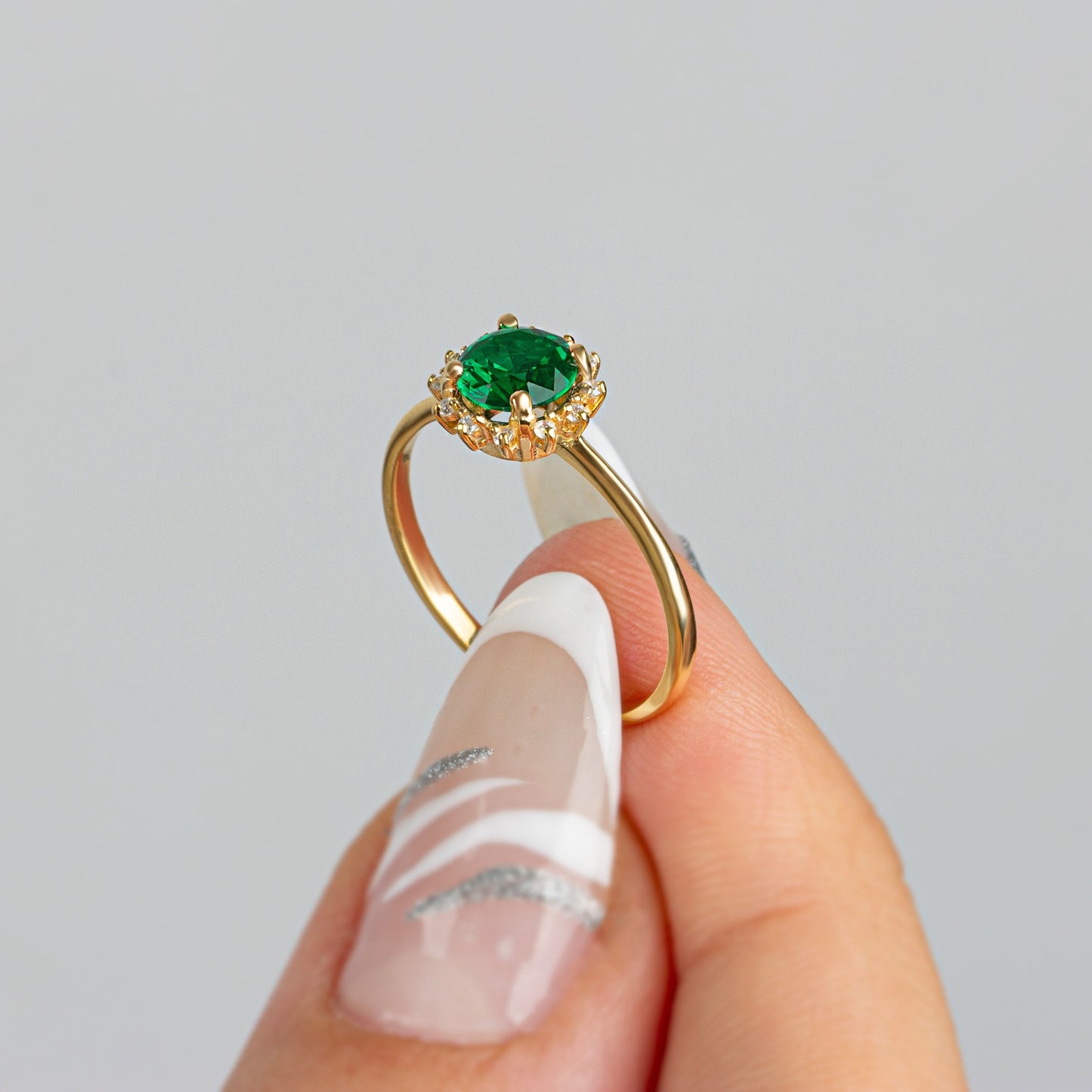 Real Diamond Round Emerald Ring 14K Solid Gold, Birthstone Ring With Diamonds Around, Perfect Gift for Mother's Day - Girlfriend - Wife