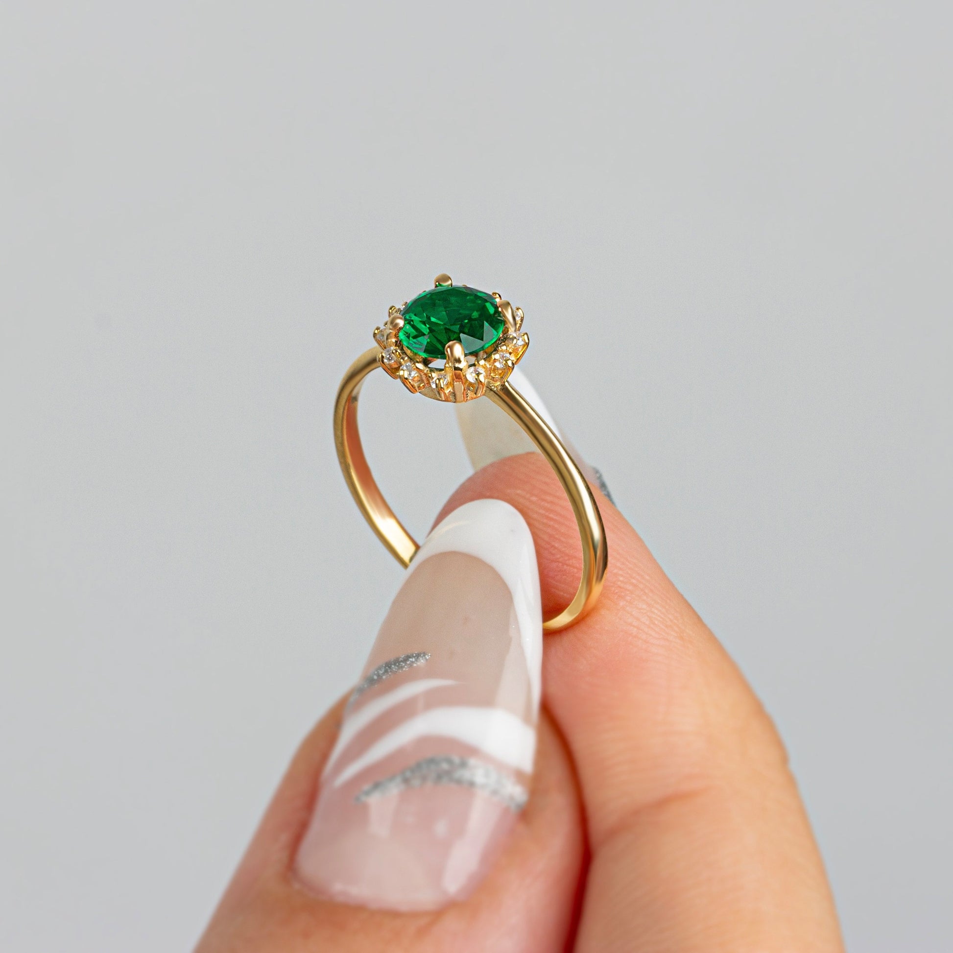 Real Diamond Round Emerald Ring 14K Solid Gold, Birthstone Ring With Diamonds Around, Perfect Gift for Mother's Day - Girlfriend - Wife