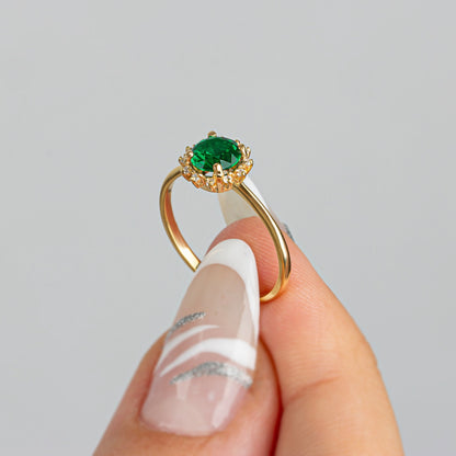 Real Diamond Round Emerald Ring 14K Solid Gold, Birthstone Ring With Diamonds Around, Perfect Gift for Mother's Day - Girlfriend - Wife