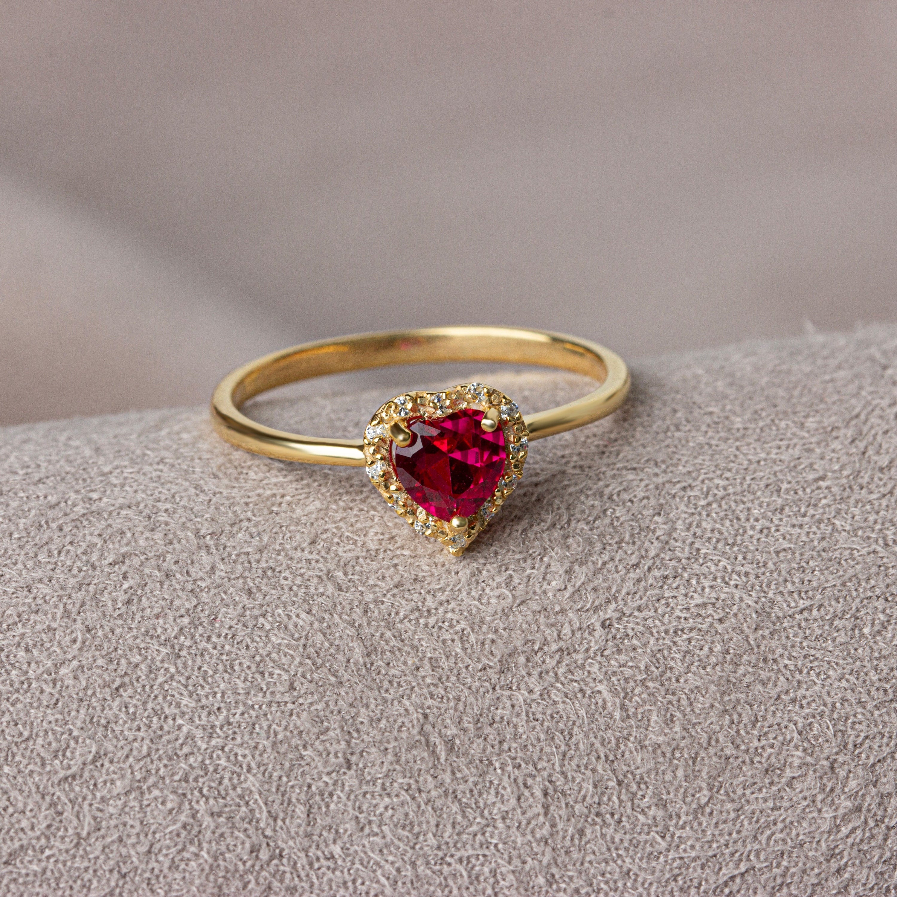 Real Diamond Heart Ruby Ring 14K Solid Gold, Birthstone, Perfect Gift for Mother's Day - Girlfriend - Wife