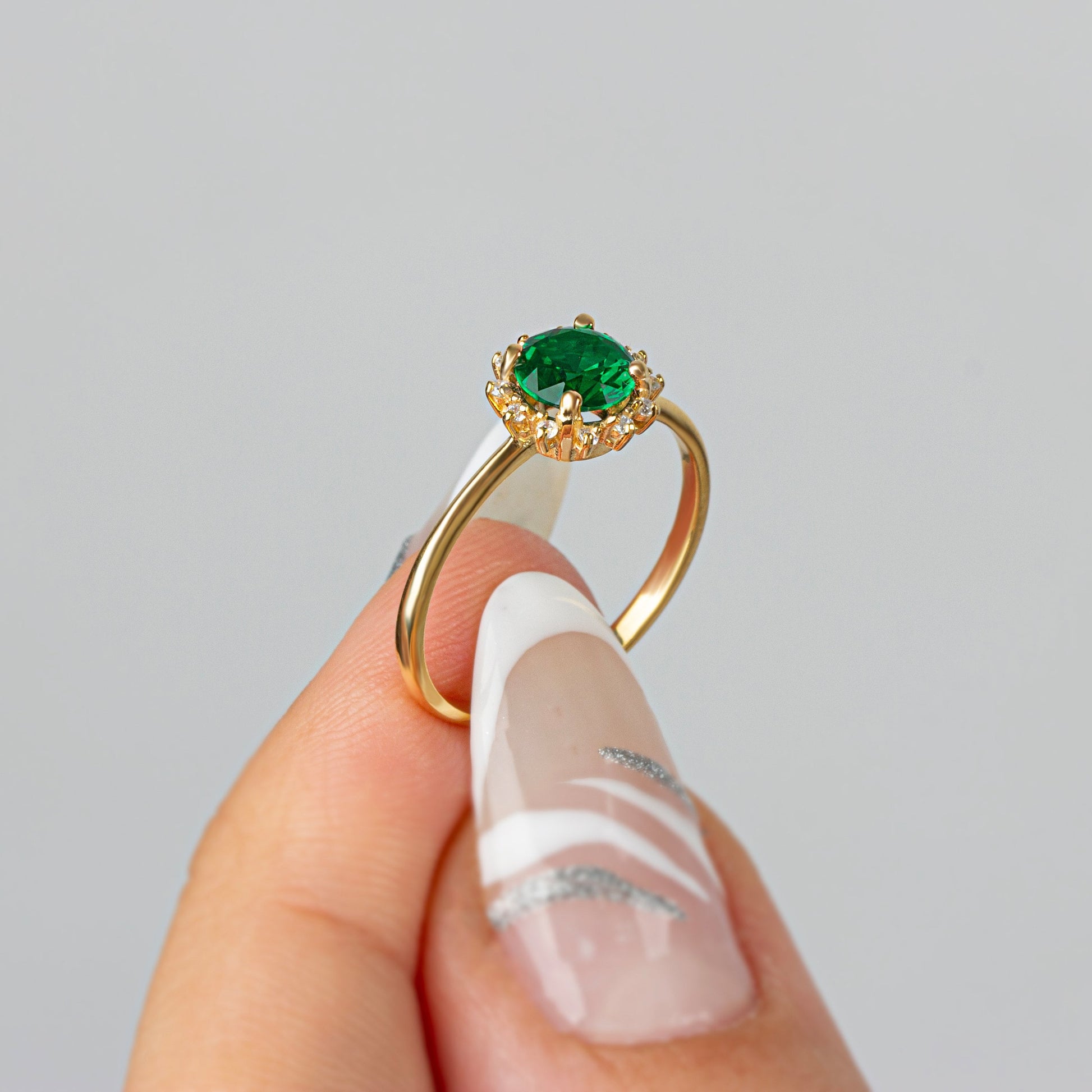 Real Diamond Round Emerald Ring 14K Solid Gold, Birthstone Ring With Diamonds Around, Perfect Gift for Mother's Day - Girlfriend - Wife