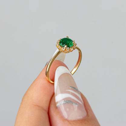 Real Diamond Round Emerald Ring 14K Solid Gold, Birthstone Ring With Diamonds Around, Perfect Gift for Mother's Day - Girlfriend - Wife