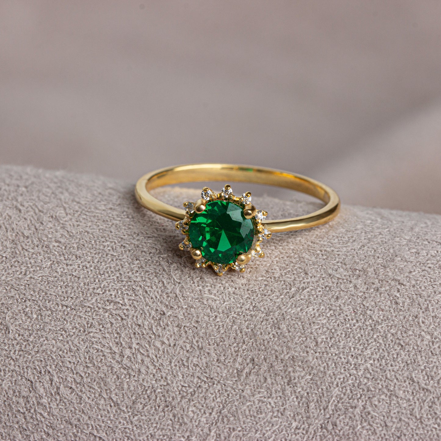 Real Diamond Round Emerald Ring 14K Solid Gold, Birthstone Ring With Diamonds Around, Perfect Gift for Mother's Day - Girlfriend - Wife