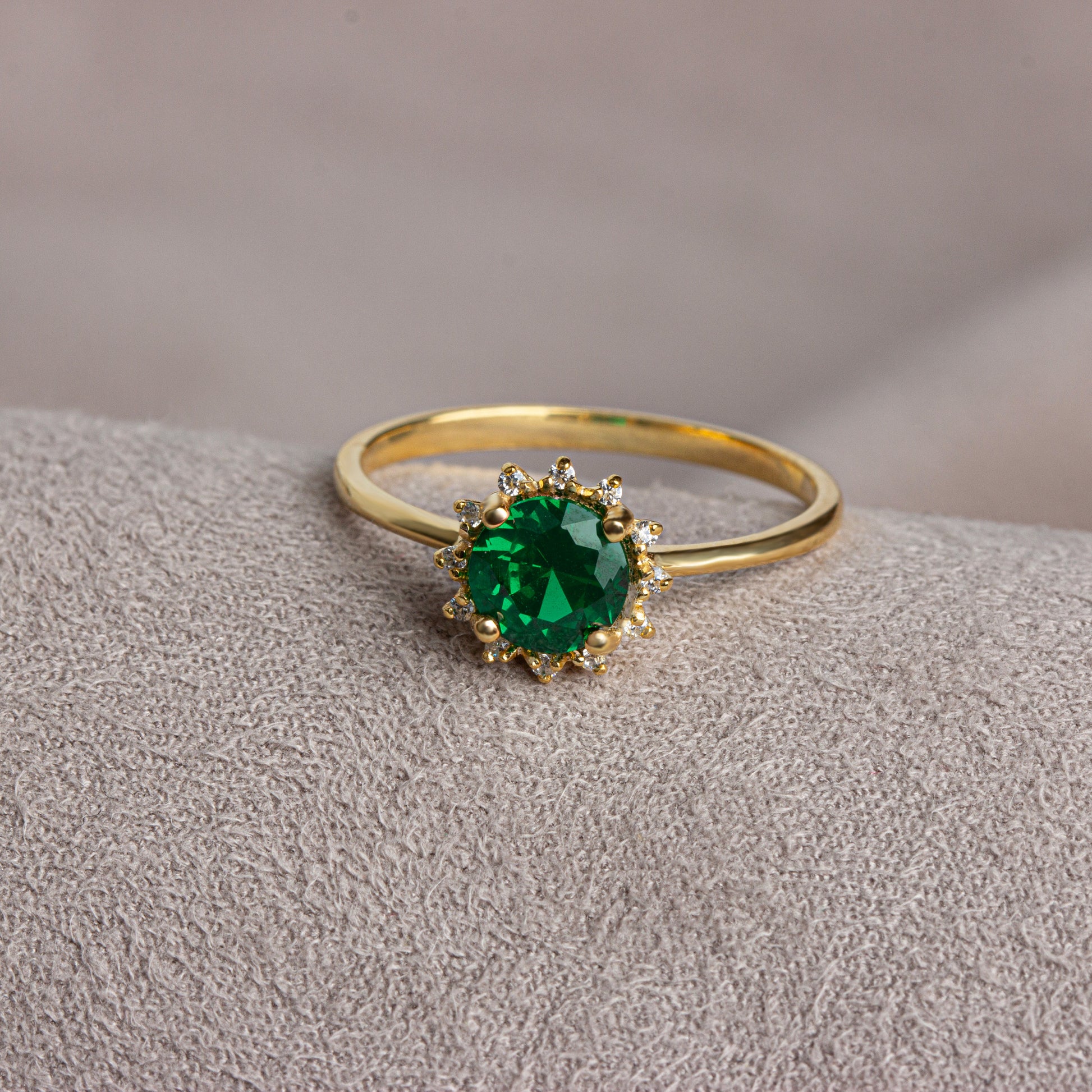 Real Diamond Round Emerald Ring 14K Solid Gold, Birthstone Ring With Diamonds Around, Perfect Gift for Mother's Day - Girlfriend - Wife