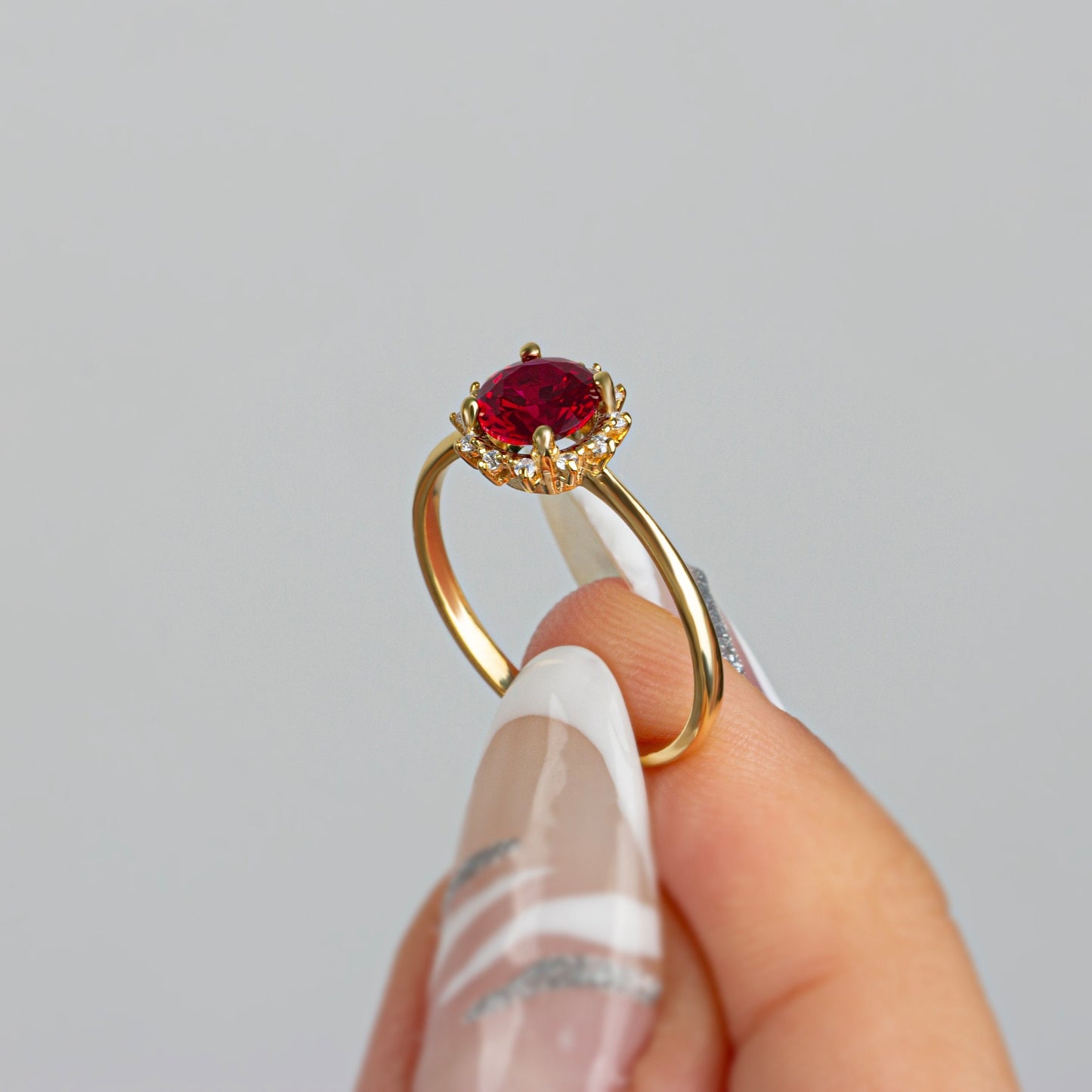 Real Diamond Round Ruby Ring 14K Solid Gold, Ring With Diamonds Around, July Birthday, Perfect Gift for Mother's Day - Girlfriend - Wife