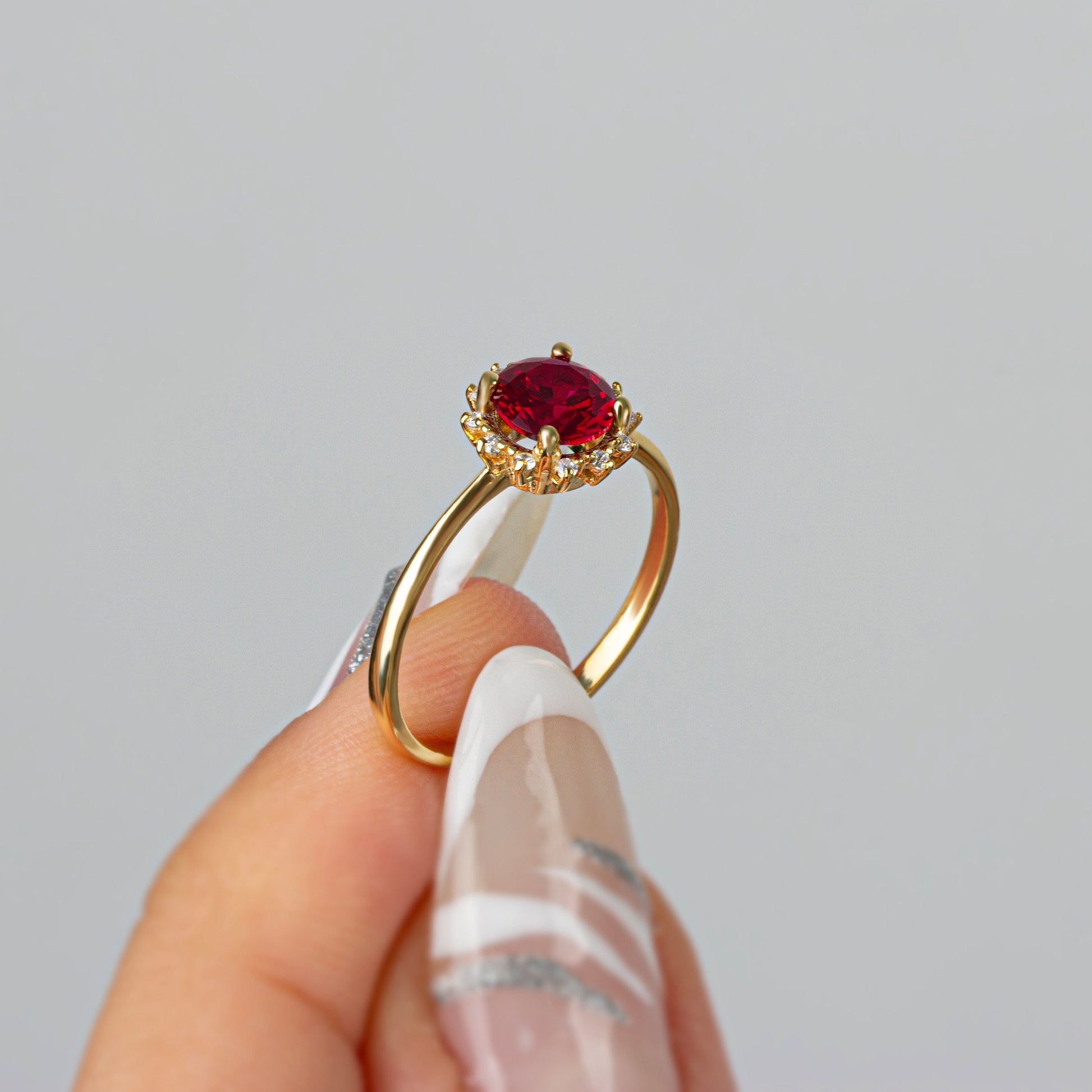 Real Diamond Round Ruby Ring 14K Solid Gold, Ring With Diamonds Around, July Birthday, Perfect Gift for Mother's Day - Girlfriend - Wife