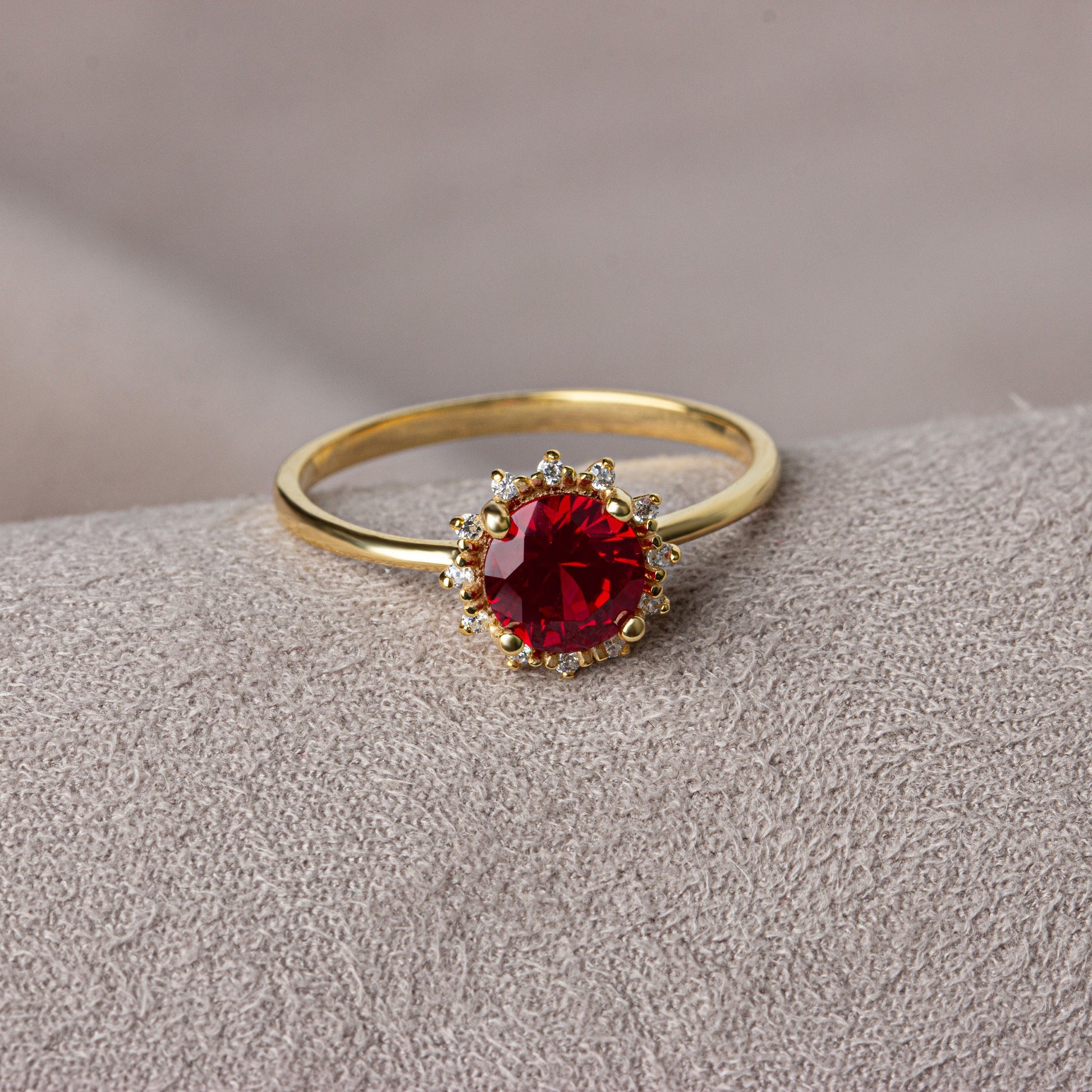 Real Diamond Round Ruby Ring 14K Solid Gold, Ring With Diamonds Around, July Birthday, Perfect Gift for Mother's Day - Girlfriend - Wife