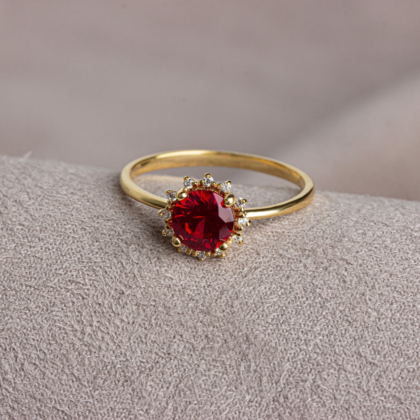 Real Diamond Round Ruby Ring 14K Solid Gold, Ring With Diamonds Around, July Birthday, Perfect Gift for Mother's Day - Girlfriend - Wife