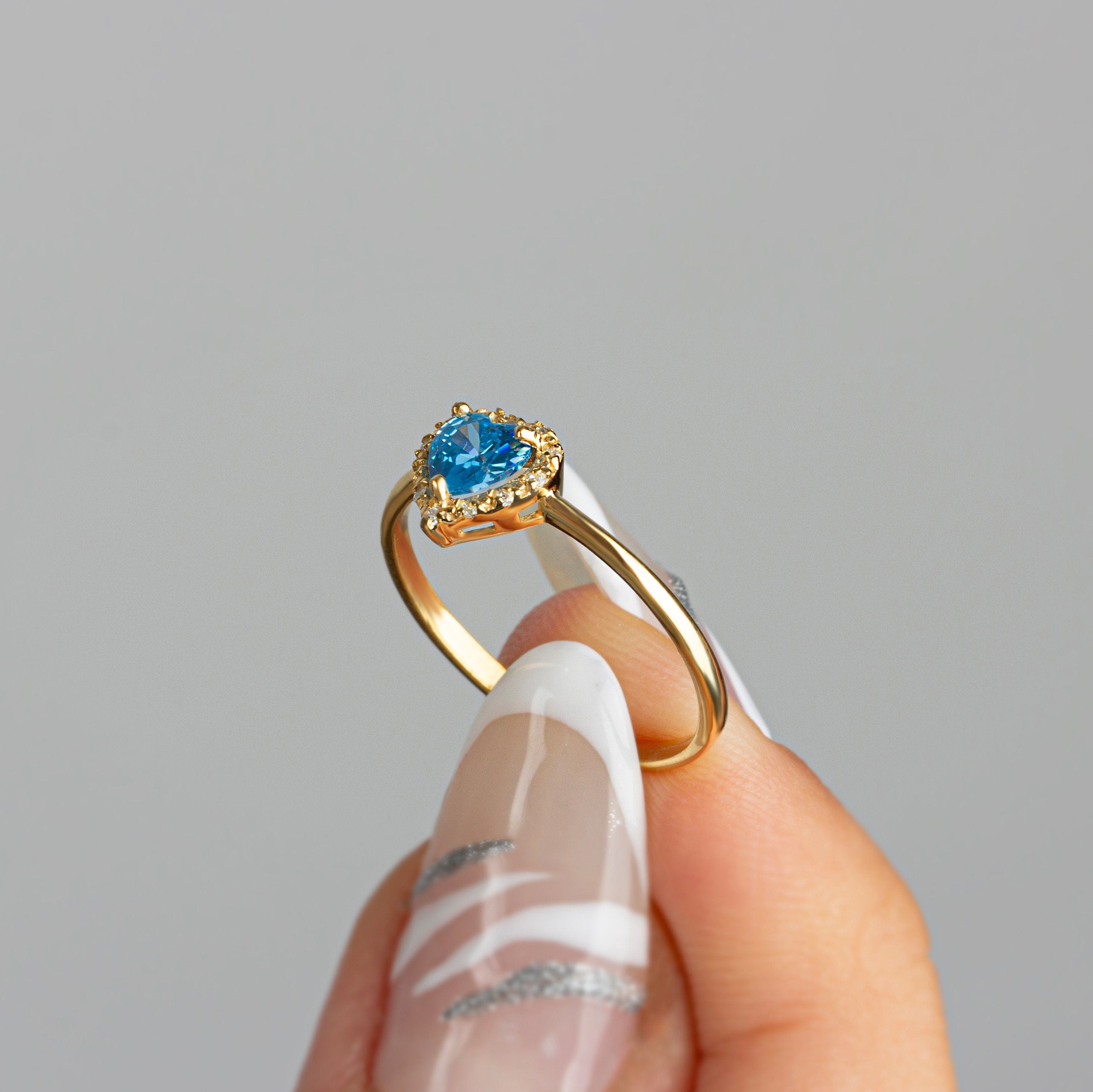 Real Diamond Heart Blue Topaz Ring 14K Solid Gold, Birthstone Pendant, Perfect Gift for Mother's Day - Girlfriend - Wife