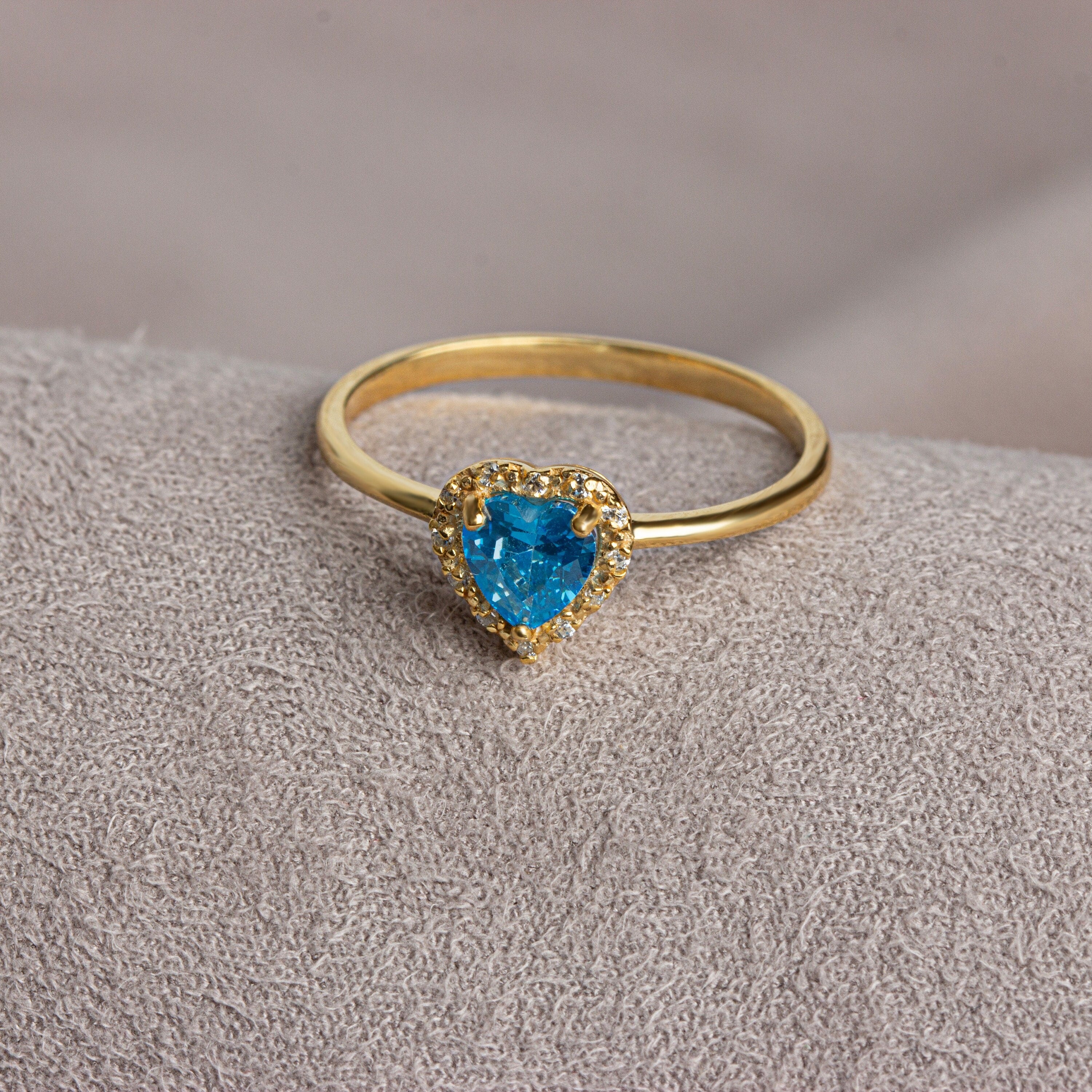 Real Diamond Heart Blue Topaz Ring 14K Solid Gold, Birthstone Pendant, Perfect Gift for Mother's Day - Girlfriend - Wife