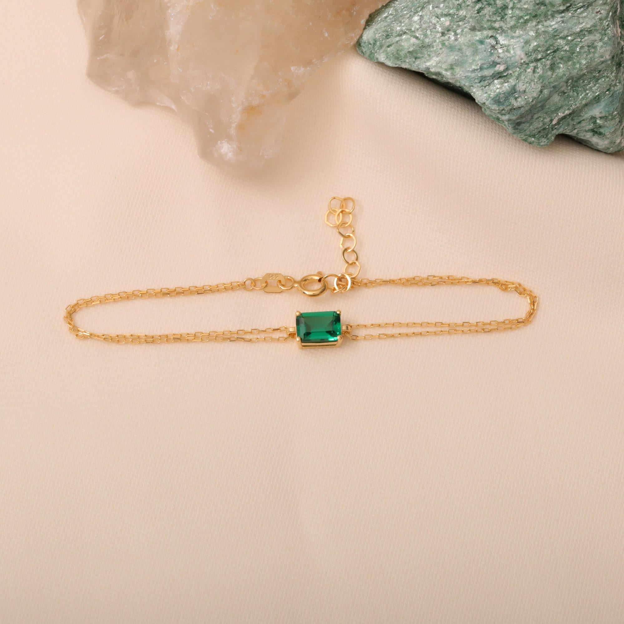 Rectangle Emerald Bracelet 14K Solid Gold, Daint Gold Baguette Emerald Bracelet, May Birthstone, Perfect Gift for Mother's Day - Wife