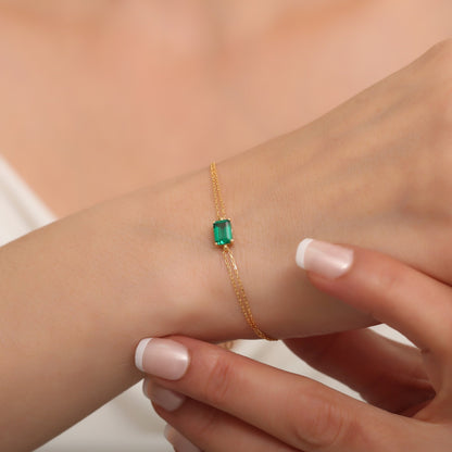 Rectangle Emerald Bracelet 14K Solid Gold, Daint Gold Baguette Emerald Bracelet, May Birthstone, Perfect Gift for Mother's Day - Wife