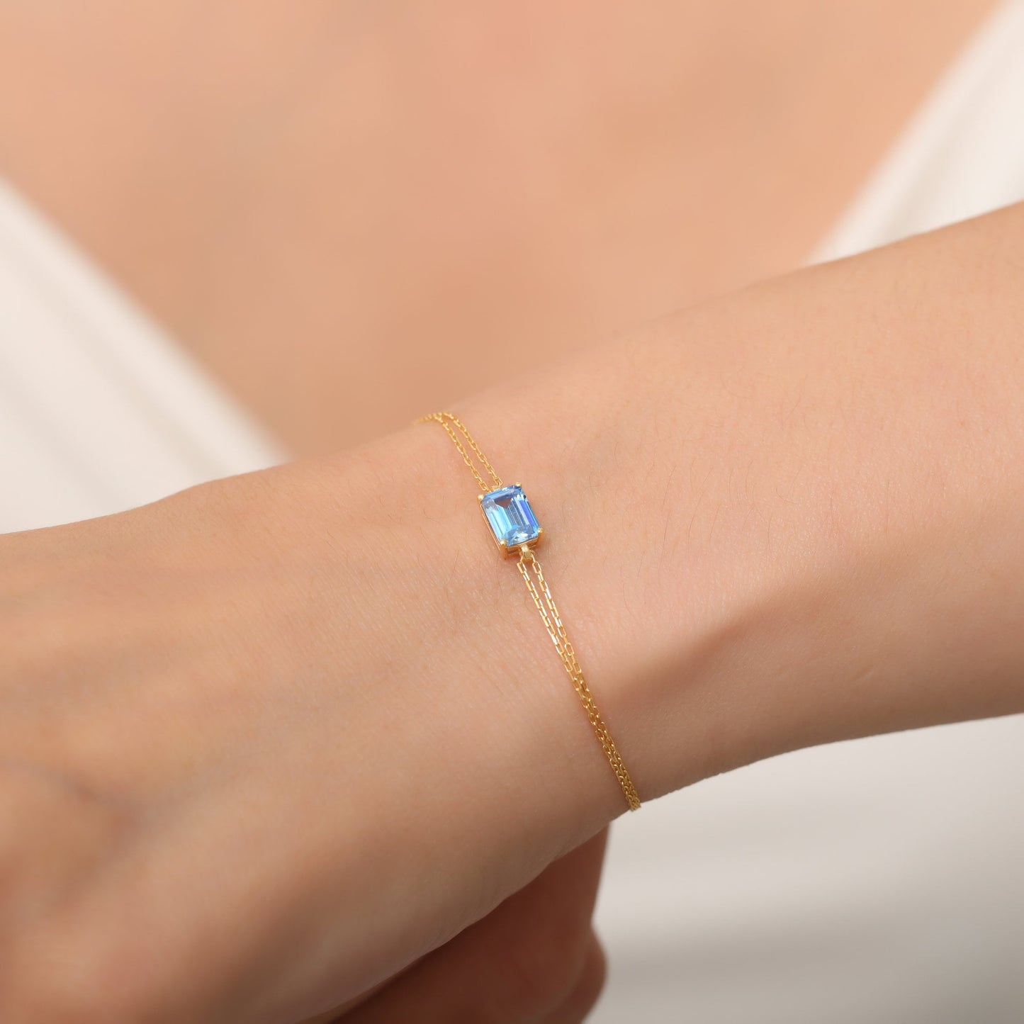 Elegant Blue Topaz 14K Solid Gold Bracelet, December Birthstone Baguette, Perfect Christmas or Mother's Day Gift for Her