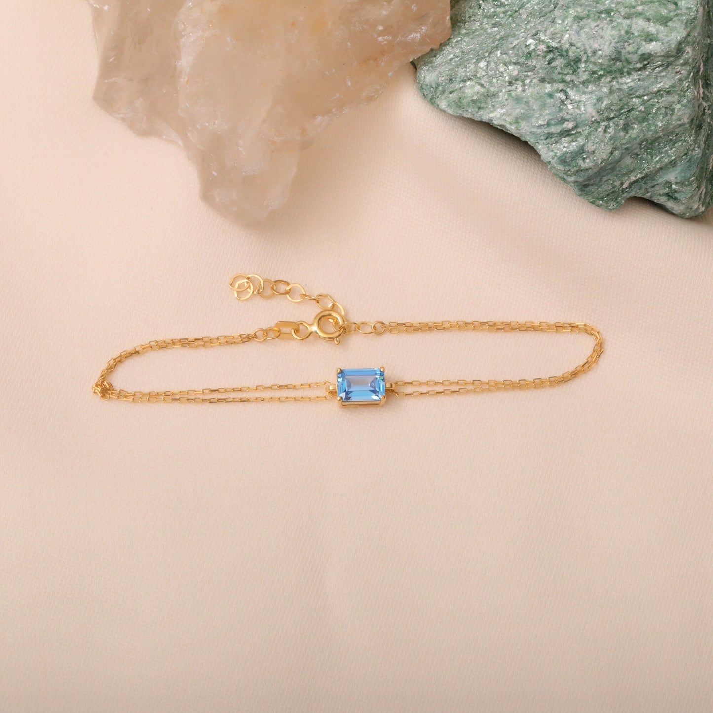 Elegant Blue Topaz 14K Solid Gold Bracelet, December Birthstone Baguette, Perfect Christmas or Mother's Day Gift for Her