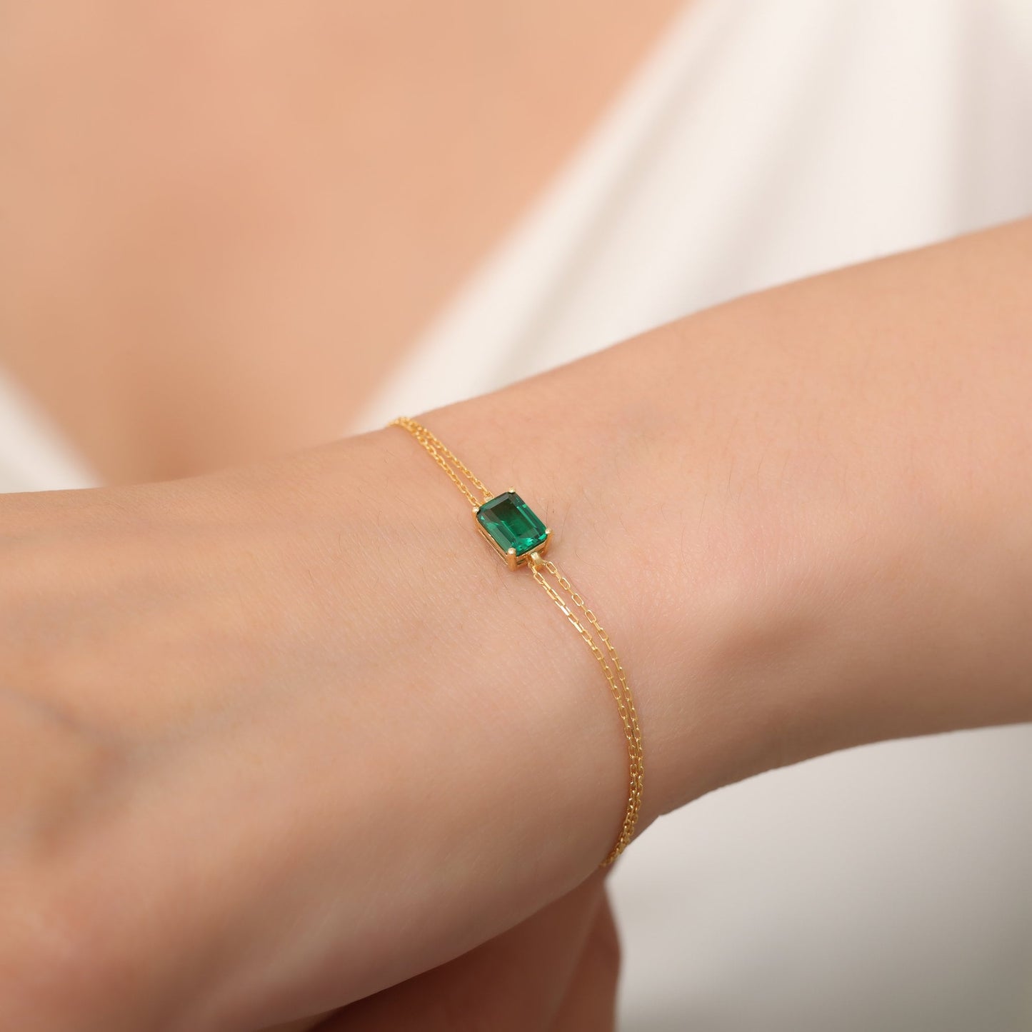 Rectangle Emerald Bracelet 14K Solid Gold, Daint Gold Baguette Emerald Bracelet, May Birthstone, Perfect Gift for Mother's Day - Wife