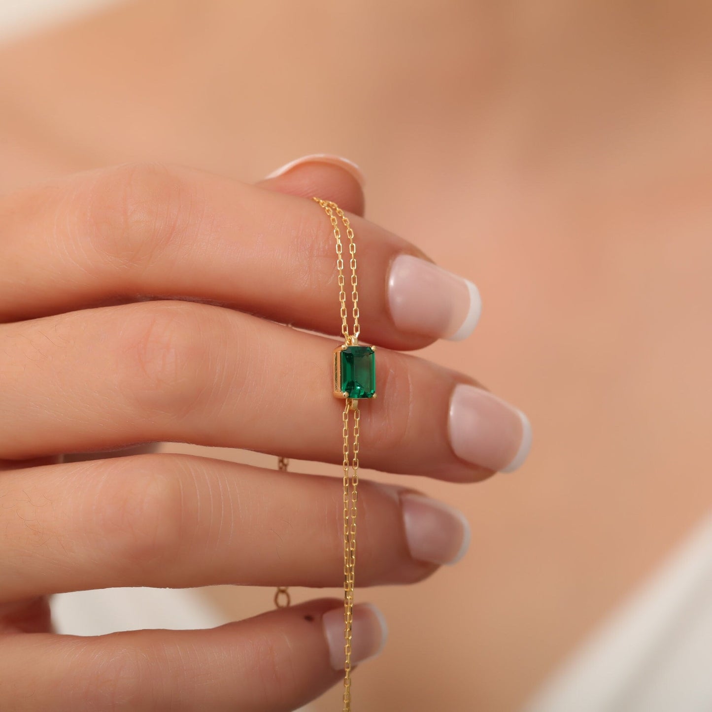 Rectangle Emerald Bracelet 14K Solid Gold, Daint Gold Baguette Emerald Bracelet, May Birthstone, Perfect Gift for Mother's Day - Wife