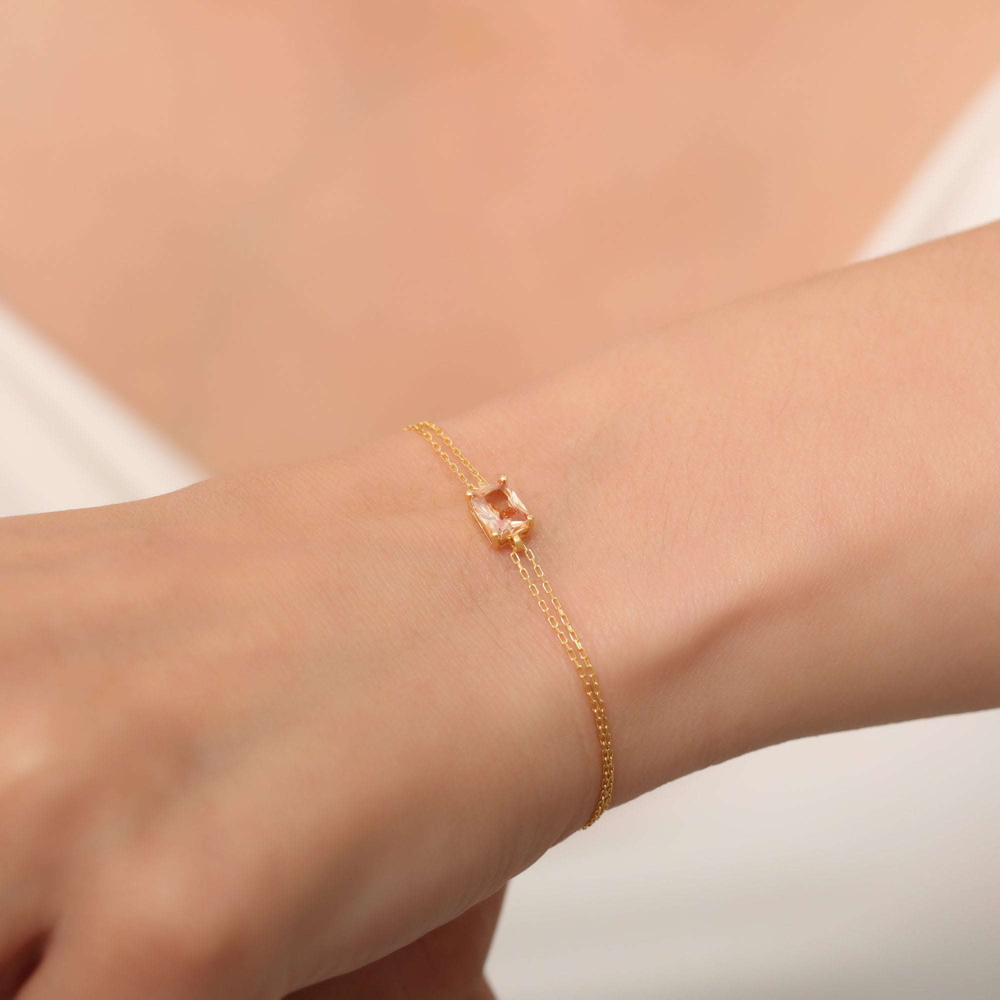 Elegant 14K Solid Gold Bracelet with Rectangular Citrine - Baguette Citrine Bracelet, November Birthstone, Perfect Gift for Mother's Day