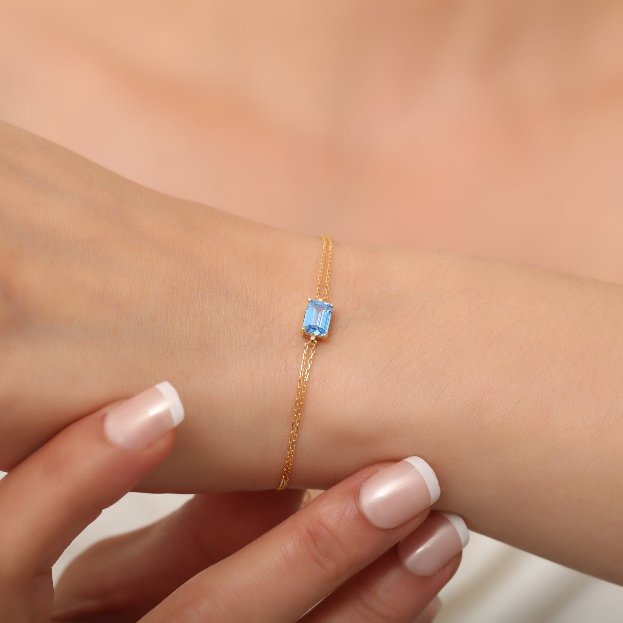 Elegant Blue Topaz 14K Solid Gold Bracelet, December Birthstone Baguette, Perfect Christmas or Mother's Day Gift for Her