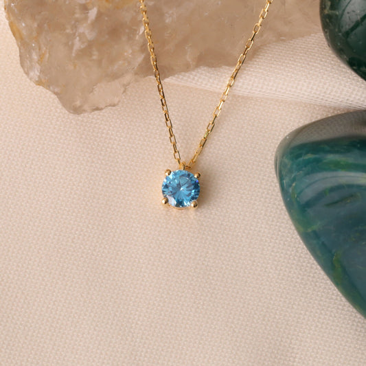 Round Blue Topaz Necklace 14K Solid Gold, Minimalist Birthstone Jewelry, Perfect Gift for Mother's Day - Girlfriend - Wife