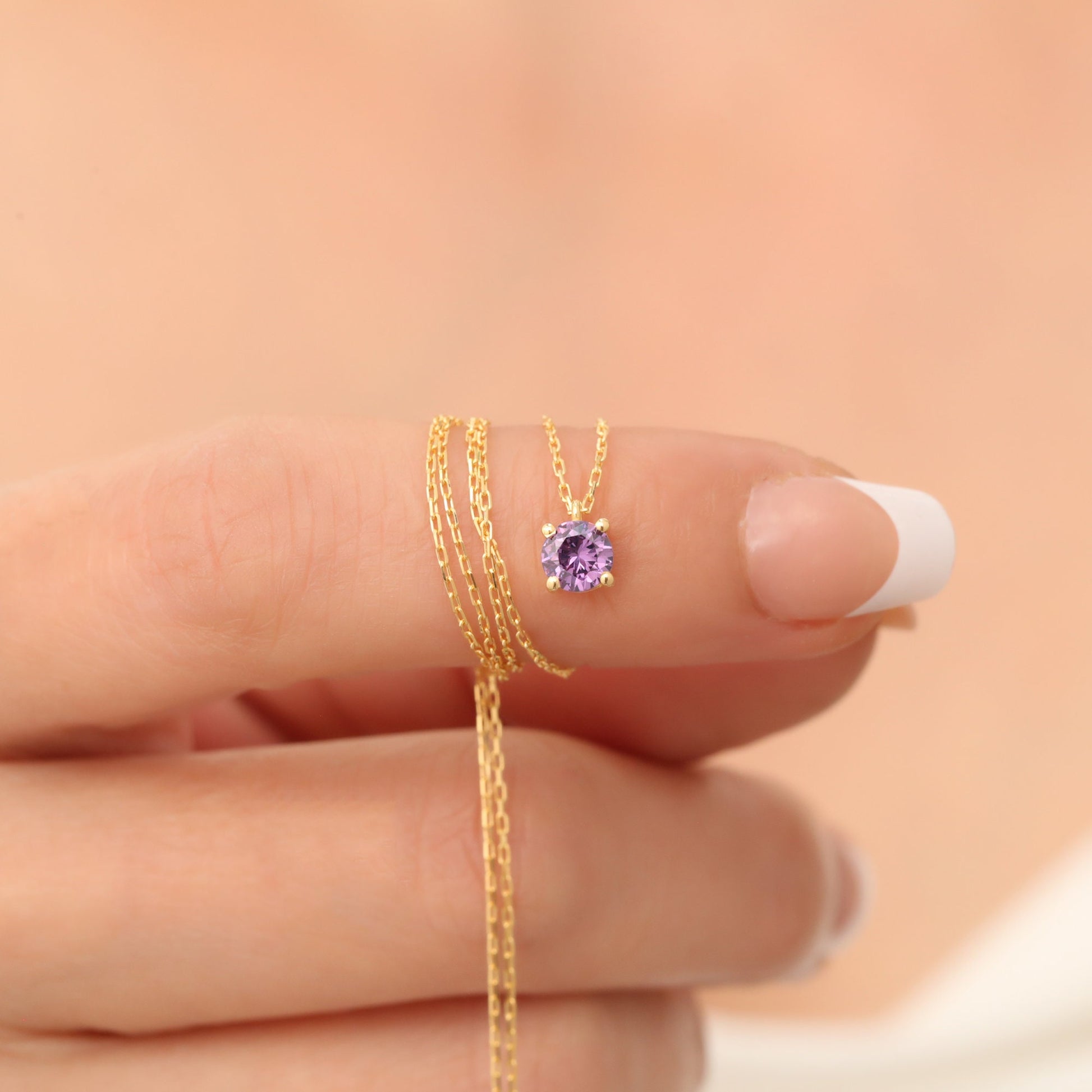 Round Amethyst Necklace 14K Solid Gold, Birthstone Jewelry, Amethyst Stylish Design Necklace, Perfect Gift for Mother's Day-Girlfriend -Wife