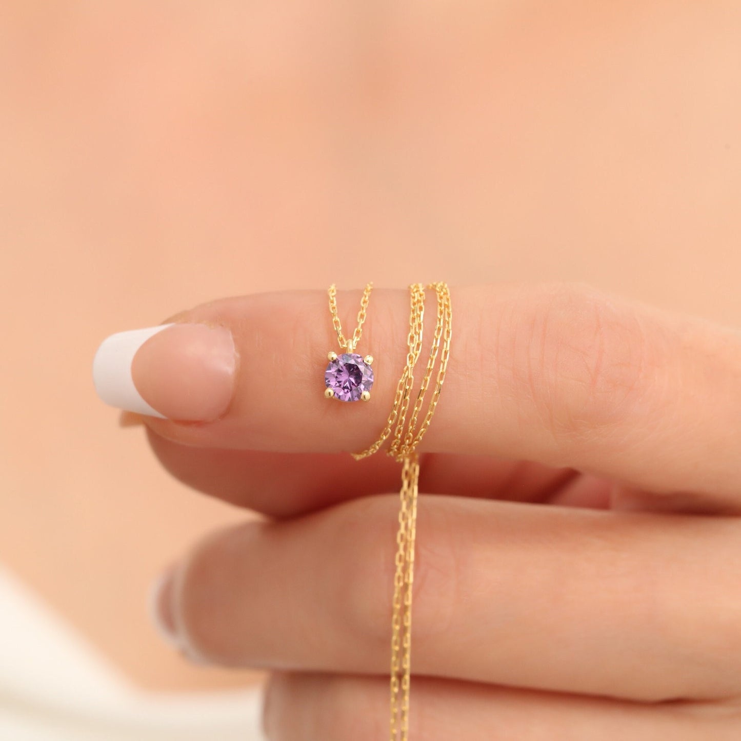 Round Amethyst Necklace 14K Solid Gold, Birthstone Jewelry, Amethyst Stylish Design Necklace, Perfect Gift for Mother's Day-Girlfriend -Wife