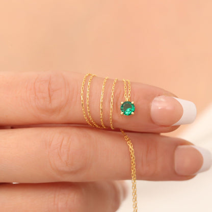 Round Emerald Necklace 14K Solid Gold, Minimalist Birthstone, Perfect Gift for Mother's Day - Girlfriend - Wife