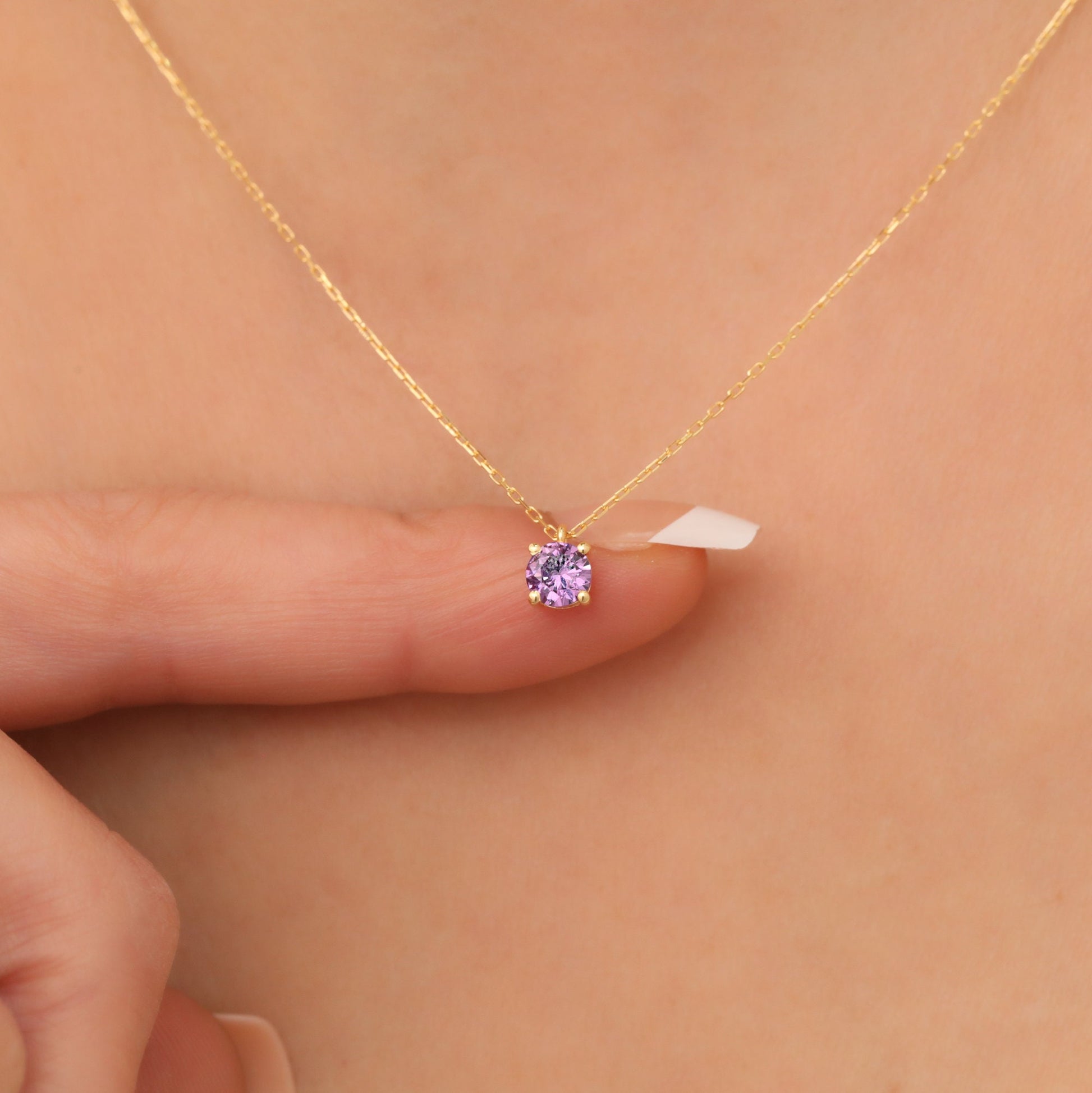 Round Amethyst Necklace 14K Solid Gold, Birthstone Jewelry, Amethyst Stylish Design Necklace, Perfect Gift for Mother's Day-Girlfriend -Wife