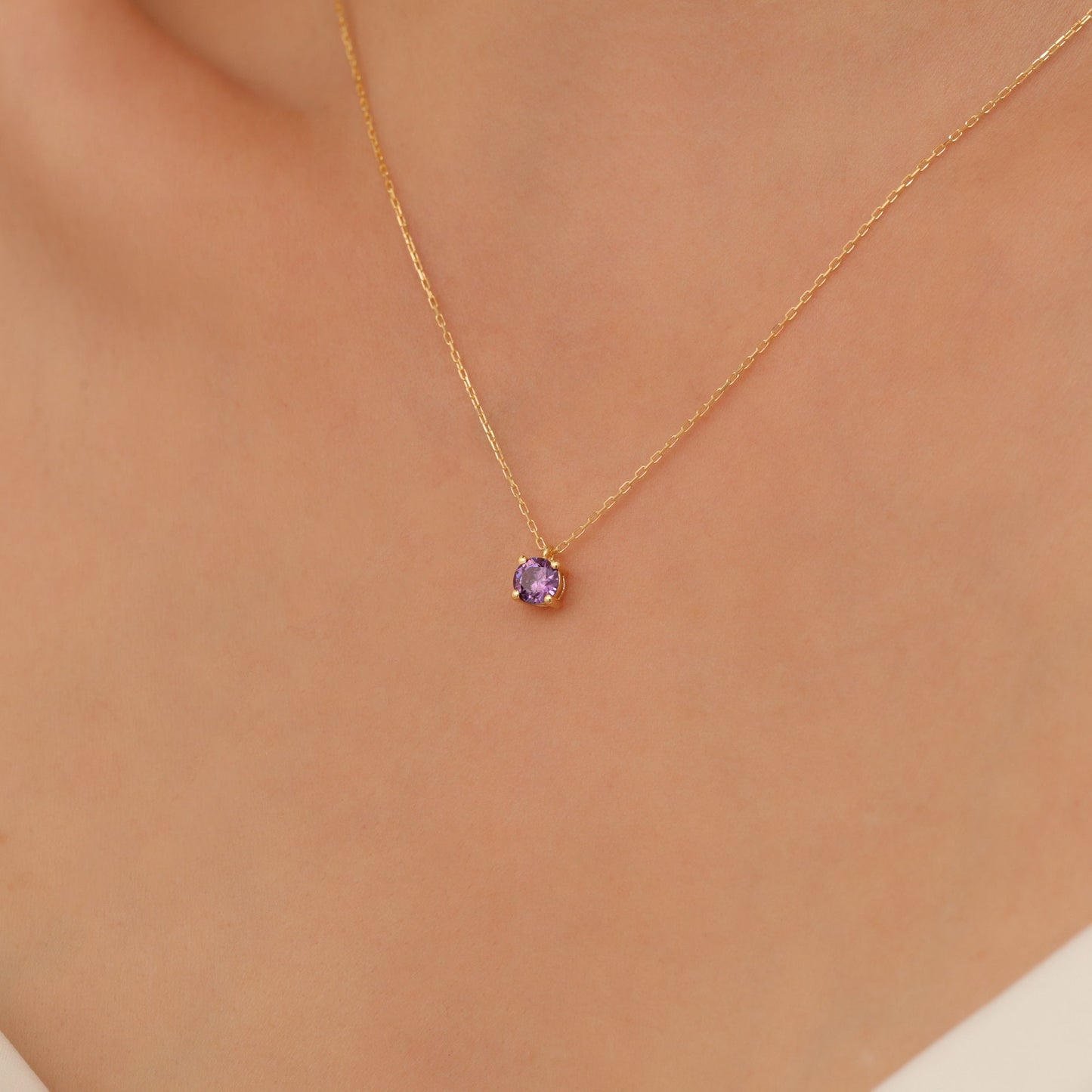 Round Amethyst Necklace 14K Solid Gold, Birthstone Jewelry, Amethyst Stylish Design Necklace, Perfect Gift for Mother's Day-Girlfriend -Wife