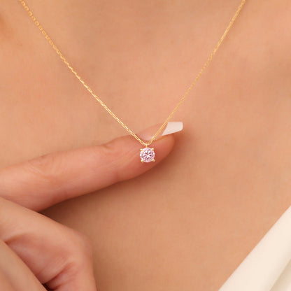 Round Pink Tourmaline 14K Solid Gold Necklace, Minimalist Birthstone Jewelry, Perfect Gift for Mother's Day - Girlfriend - Wife