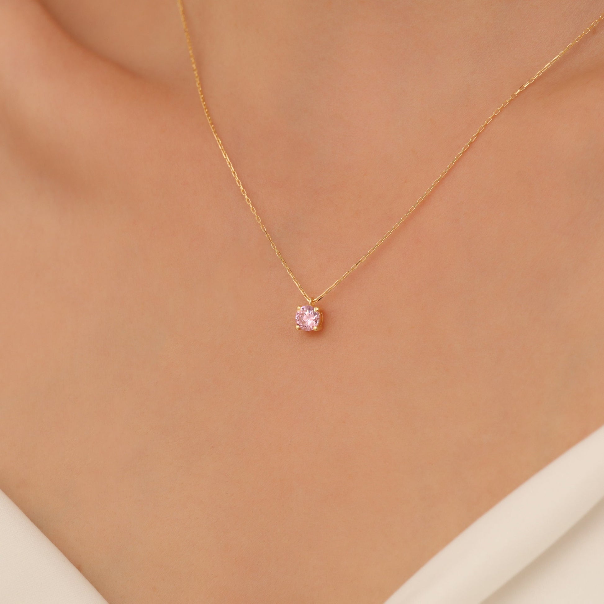 Round Pink Tourmaline 14K Solid Gold Necklace, Minimalist Birthstone Jewelry, Perfect Gift for Mother's Day - Girlfriend - Wife