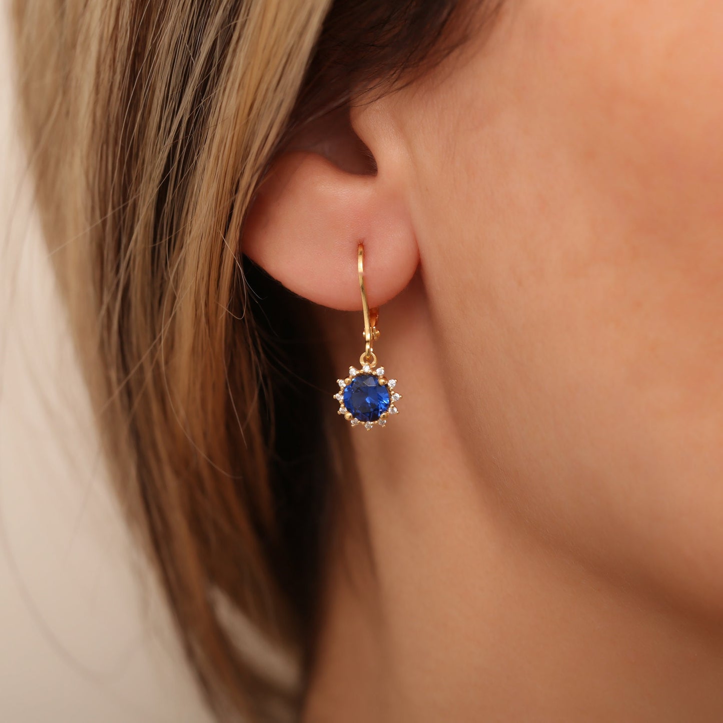 14K Solid Gold Sapphire Earring with Dangling Real Diamonds, Round September Birthstone Earrings, Perfect Gift for Mother's Day