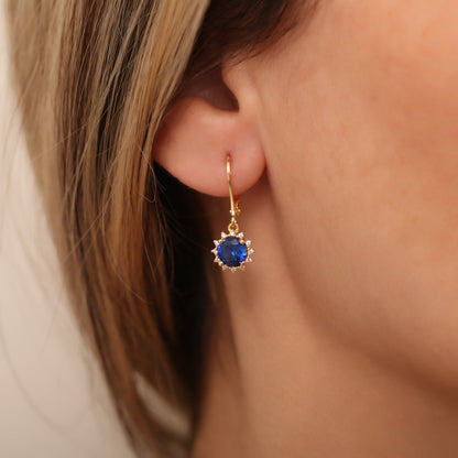 14K Solid Gold Sapphire Earring with Dangling Real Diamonds, Round September Birthstone Earrings, Perfect Gift for Mother's Day