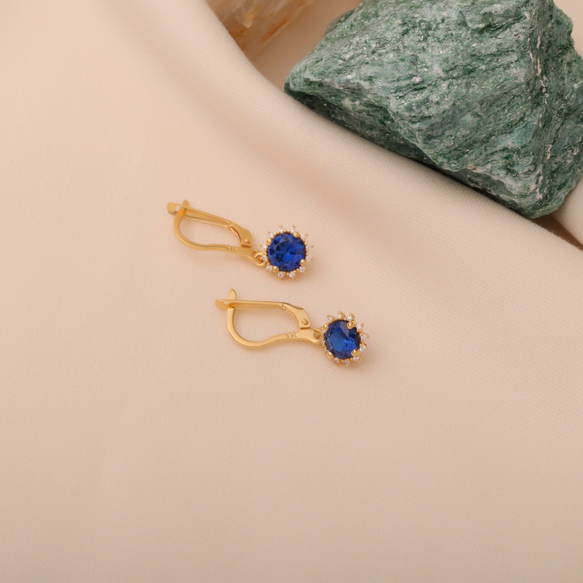 14K Solid Gold Sapphire Earring with Dangling Real Diamonds, Round September Birthstone Earrings, Perfect Gift for Mother's Day