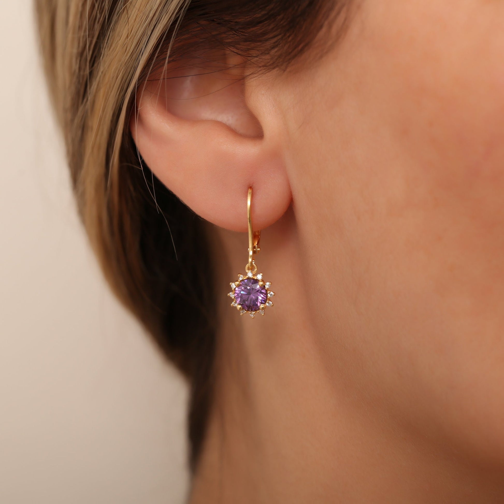 Amethyst Earring 14K Solid Gold with Real Diamond - February Birthstone Dangling Earring, Perfect Gift for Mother's Day - Girlfriend - Wife