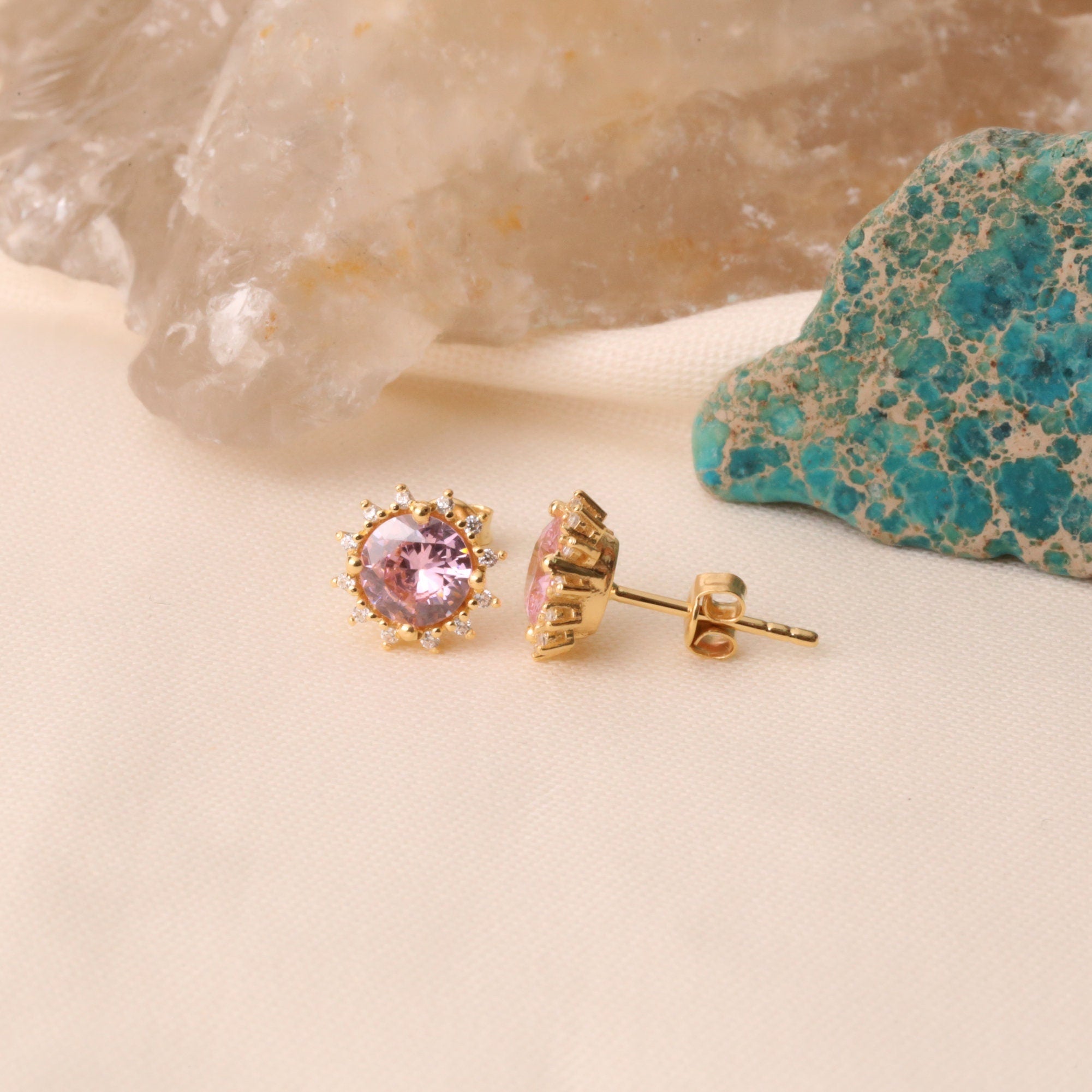 Real Diamond & Pink Tourmaline Earrings - 14K Solid Gold, October Birthstone, Perfect Gift for Mother's Day - Girlfriend - Wife