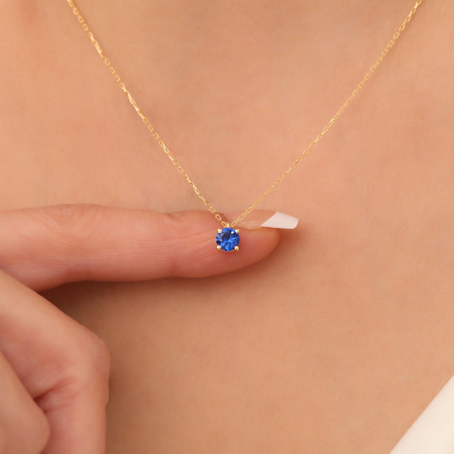 14K Solid Gold Sapphire Necklace - Minimalist Sky Blue Birthstone Jewelry, Elegant Mother's Day Gift for Her