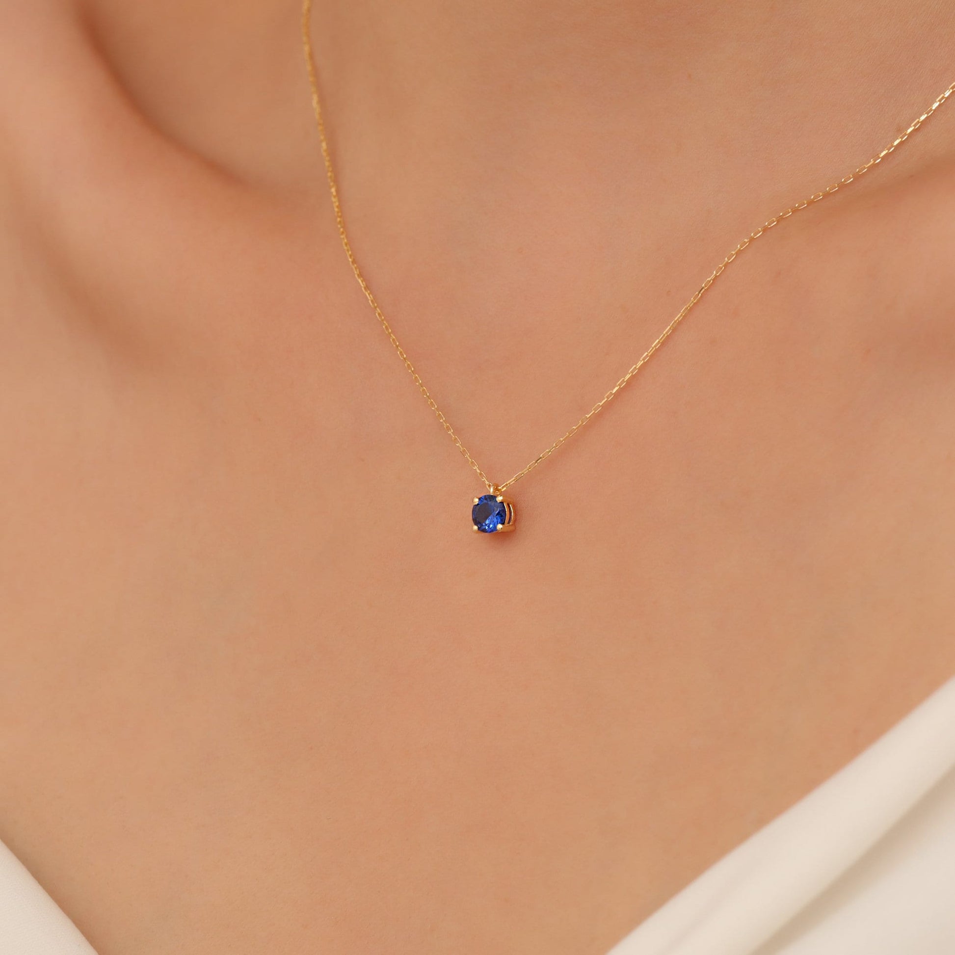 14K Solid Gold Sapphire Necklace - Minimalist Sky Blue Birthstone Jewelry, Elegant Mother's Day Gift for Her