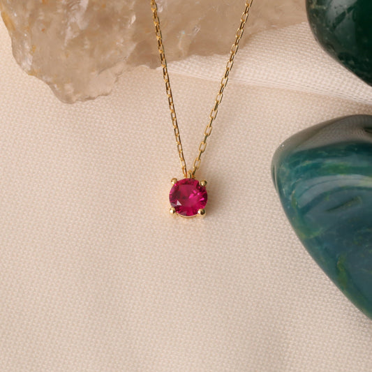 Round Ruby Necklace 14K Solid Gold, Minimalist Birthstone Stylish Design Necklace, Perfect Gift for Mother's Day - Girlfriend - Wife